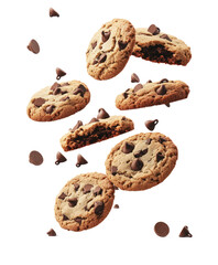 Chocolate chip cookies with crambs on white background