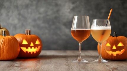 Halloween zombie-themed pub crawl in an American city glowing pumpkins on the bar counters