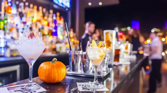 Halloween zombie-themed pub crawl in an American city glowing pumpkins on the bar counters