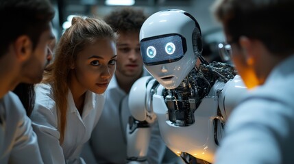Multiethnic Team of Males and Females Discussing Ideas in Technological Startup Lab. Group of International Students Listening to Their Female Robotics Professor While She Explains AI Robot