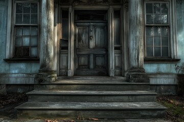 A haunted mansion with a creaky, old door. 