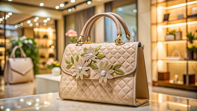 Elegant beige handbag with intricate flower design and cannage stitching, showcasing luxury and sophistication, rests on a store display amidst refined surroundings.