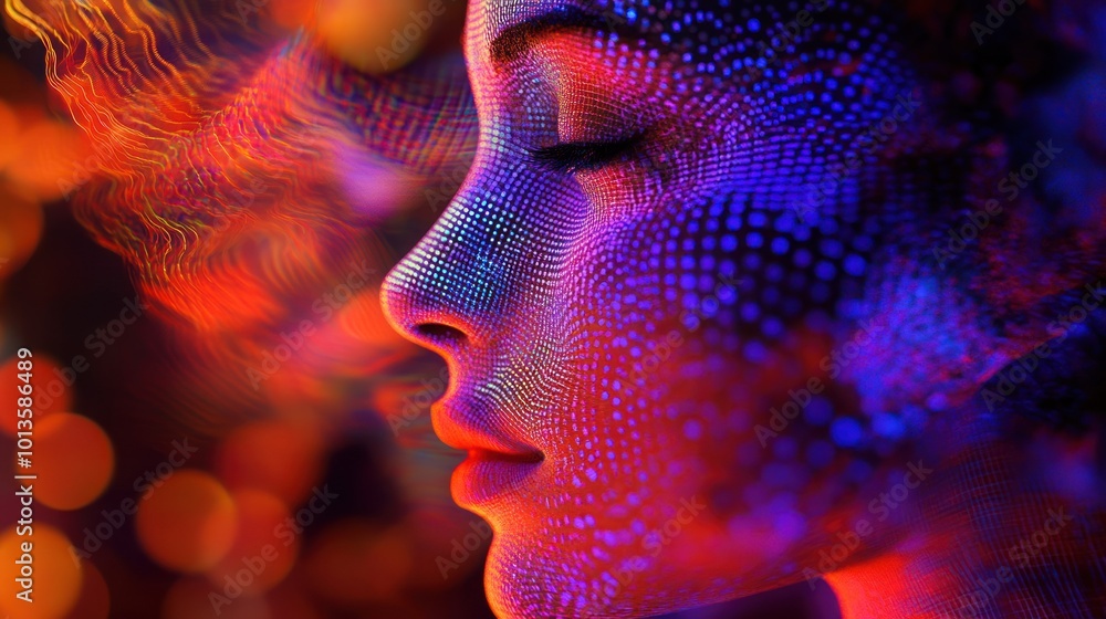 Poster a colorful digital portrait blending human features with abstract patterns and vibrant colors.