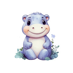 Naklejka premium The hippo kid, with its large eyes, is sitting comfortably and smiling. Perfect for children's books, educational materials, and unique designs. Generative AI