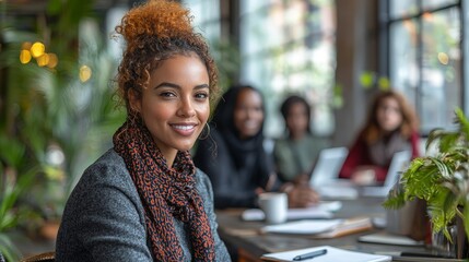 A woman smiles at a meeting table with colleagues in a modern workspace.