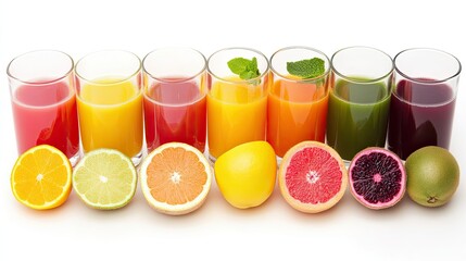 A collection of freshly made colorful fruit and vegetable juices in clear glasses.