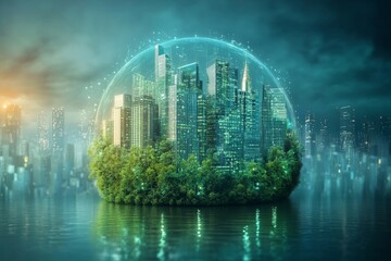 Earth hologram and eco energy hud, technology and resources and green city, Generative AI