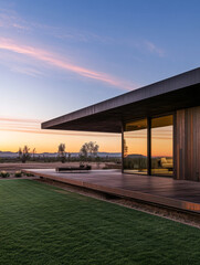 Fototapeta premium Modern architectural retreat at sunset with expansive deck overlooking serene landscape