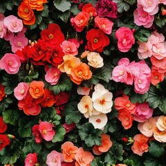 A colorful array of begonias in full bloom, showcasing vivid red, pink, and orange hues against a backdrop of rich green foliage