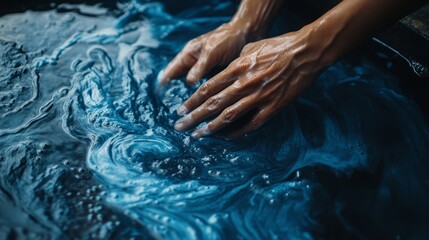 Fototapeta premium Hands swirling in blue liquid, creating a mesmerizing pattern.