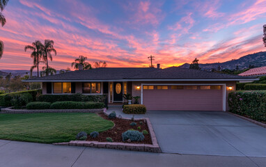 Fototapeta premium Charming suburban house with vibrant sunset in the background on a peaceful evening