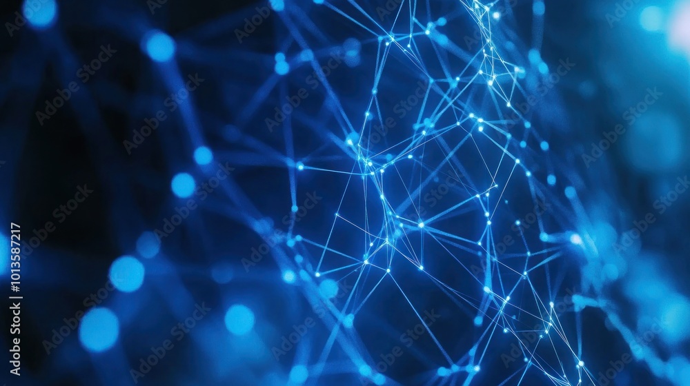 Poster abstract representation of interconnected nodes and lines, symbolizing data networks and technology.