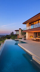 Obraz premium Modern luxury home with a pool at twilight overlooking serene landscape