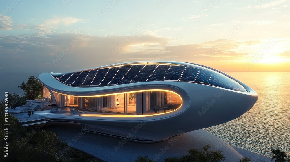 Wall mural Futuristic, Solar-Powered Home on Cliff Overlooking the Ocean at Sunset