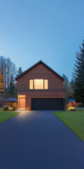 Obraz premium Modern wooden house with large windows and landscaped front yard during twilight