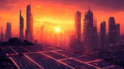 Fototapeta premium Sunset over a futuristic city with solar panels in the foreground.