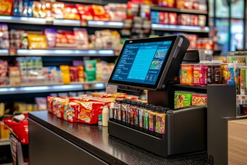 Fototapeta premium Modern store checkout area with digital register. Colorful snacks and drinks are on display. A sleek design invites shoppers to explore their favorite products. Generative AI