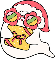 Festive Retro Groovy Christmas Ghost with present box Cute Hand Drawn Cartoon Doodle Character
