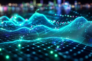 Neon green, blue chart waves with diagram, Generative AI