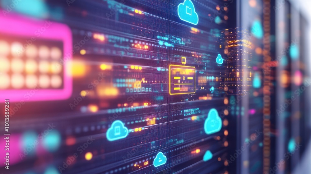Poster digital data visualization with cloud icons and server elements.