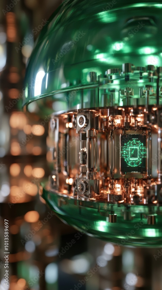 Poster quantum computing core in a cryptography lab, vibrant green hues, showcasing advanced technology and
