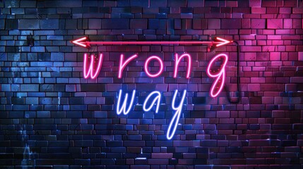 Fototapeta premium Wrong way neon sign with glowing letters on brick wall background AI generated image