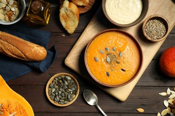 Delicious pumpkin soup, spices and products on wooden table, flat lay