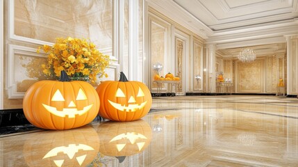 Vintage Halloween party in a 1920s Gatsby-style mansion glowing pumpkins on grand staircases