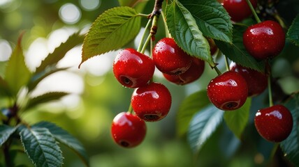 realistic illustration of red cherries on a tree ready to be picked