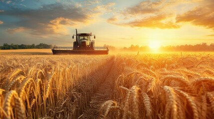 Fototapeta premium A combine harvester working in a golden wheat field at sunset.