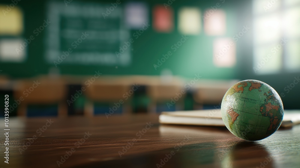 Poster bright and airy classroom setting with wooden desks textbooks and a geographic globe on the table ch