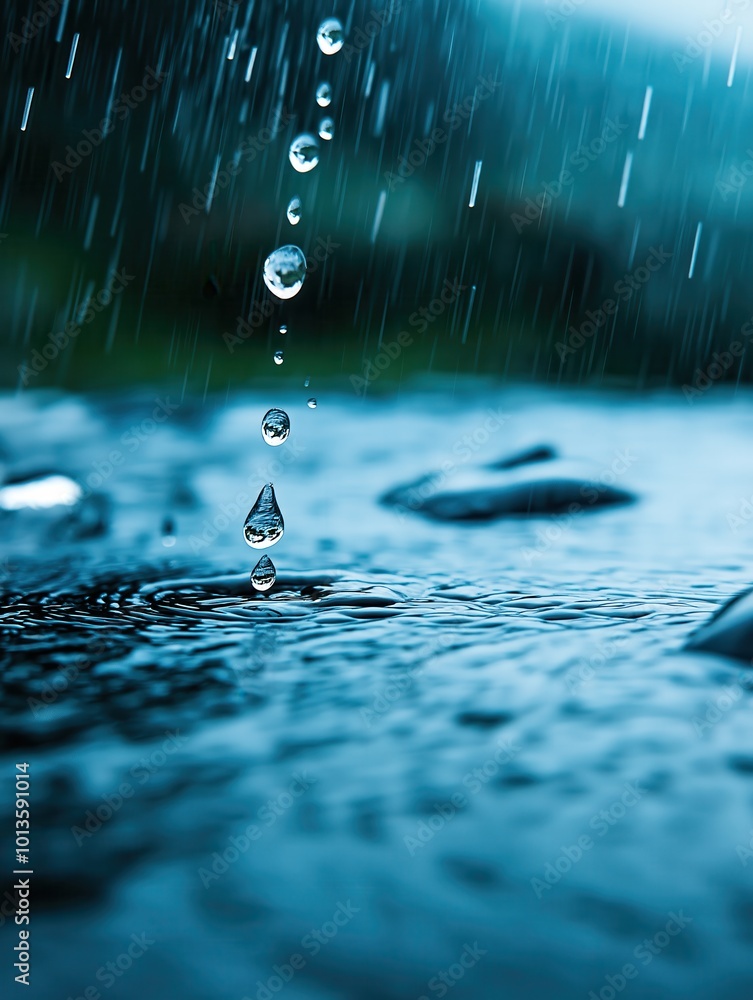 Poster captivating image of rain droplets splashing and rippling on the surface of a still pond surrounded 