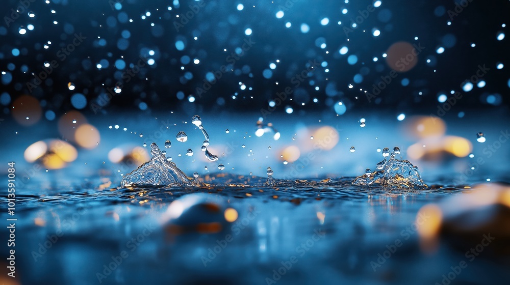 Poster captivating image showcasing the mesmerizing motion and energy of raindrops splashing on a tranquil 