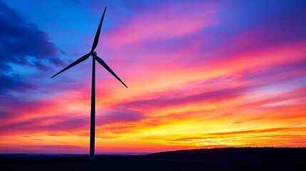 Fototapeta premium Wind turbine silhouetted against vibrant sunset