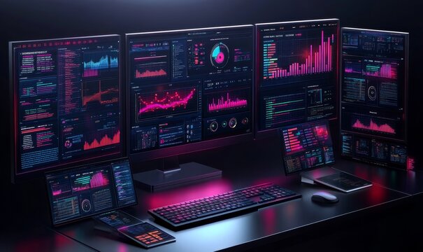 Intrusion Detection Systems (IDS) concept, showcasing abstract data dashboards with graphs, live network traffic analysis, and security alerts on multiple computer, Generative AI