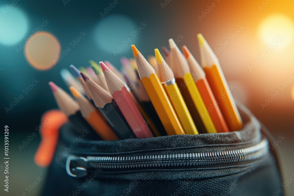 Poster close up view of a zipper pouch filled with a variety of colorful pencils representing creativity le