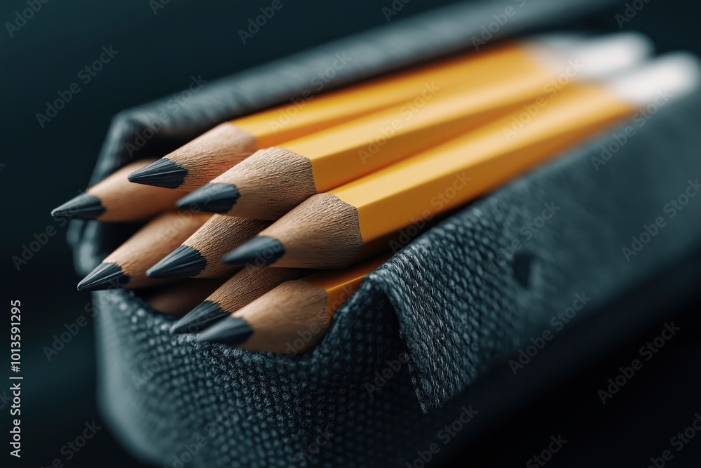 Poster closeup view of a stack of sharpened yellow pencils arranged neatly in a dark leather desk container