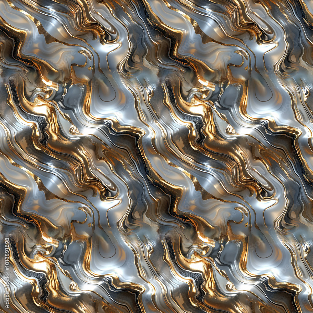 Poster swirling metallic textures in shades of gold and silver creating a mesmerizing pattern