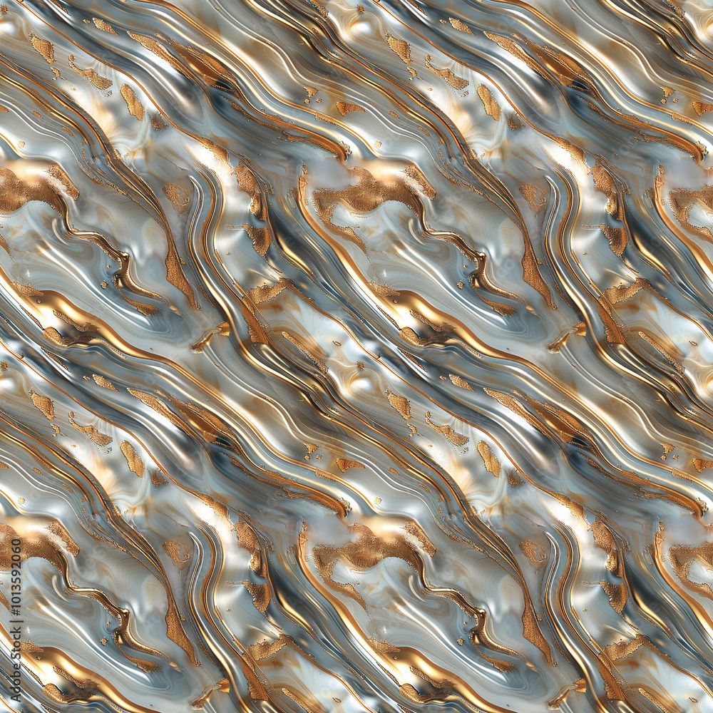 Poster flowing waves of metallic gold and silver create an abstract texture in gentle motion
