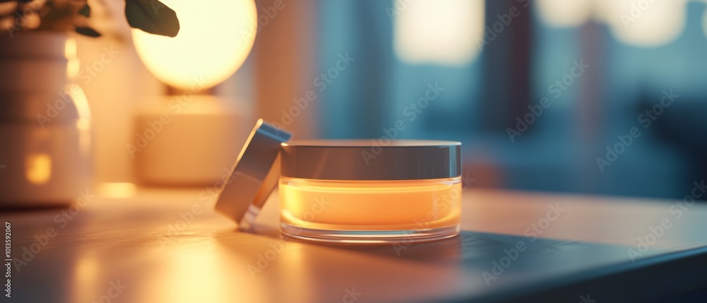 Poster a small jar of cream sits on a table in front of a lamp