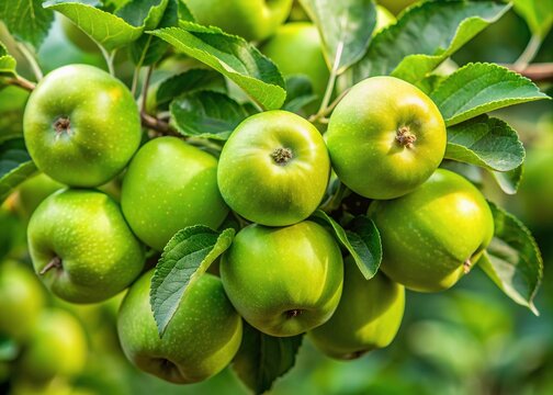 Fresh green apple branch with tiny, immature fruits, bursting with springtime vitality, showcases organic and pesticide-free farming practices in a close-up, macro shot.