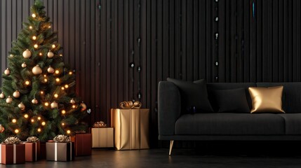 Cozy and festive Christmas tree in a dark living room with a plush sofa presents and glowing candles creating a warm intimate atmosphere for the winter holiday season