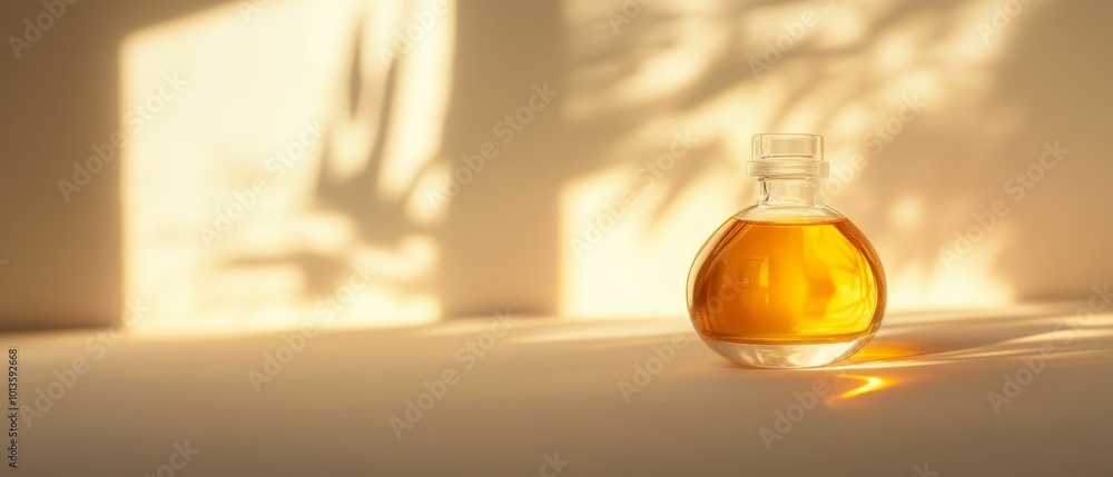 Poster a bottle of perfume is sitting on a table in front of a window