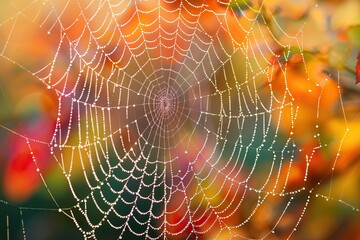 Naklejka premium Spiderweb covered in dew drops, glowing in soft, multicolor background