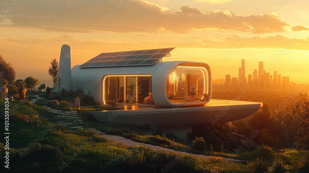 Canvas Prints Futuristic Home on a Hilltop Overlooking a City at Sunset