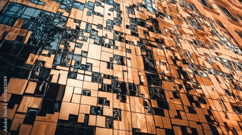 Poster abstract facade of modern architecture with distorted reflections
