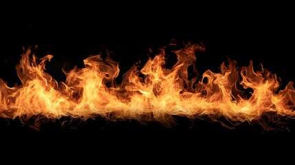 Fototapeta premium Dynamic fire flames, vivid orange and yellow hues, swirling patterns, isolated against deep black backdrop, intense and captivating visual energy