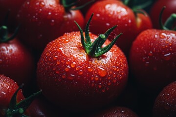 Fresh red tomatoes covered in water droplets. This photo is perfect for recipes, food blogs, or any project that needs a fresh and delicious look.