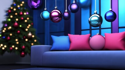 Cozy and inviting Christmas living room interior with beautifully decorated Christmas tree shiny colorful ornaments and baubles hanging in front of a modern blue wall backdrop