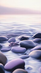 Obraz premium smooth pebbles on a tranquil shoreline at sunrise, calming nature concept